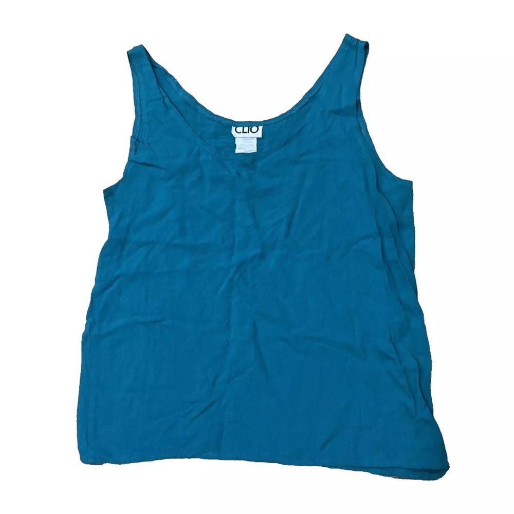 CLIO Teal Tank Top Sleeveless  VTG MADE USA Womens 100% Rayon Loose Round Neck M